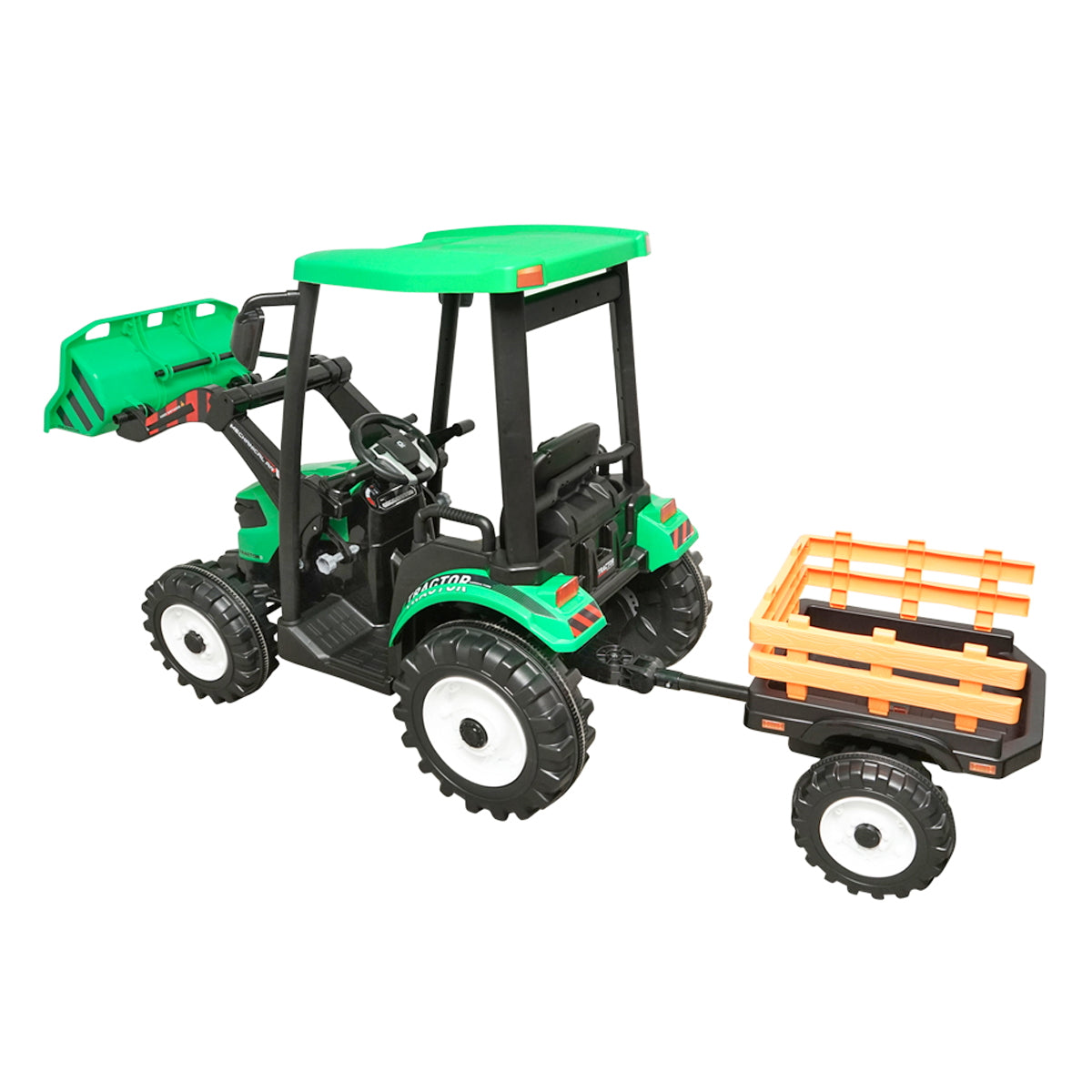 Electric trailer tractor for kids with a 12V/10Ah battery and remote control JS3158B green with a leather seat.