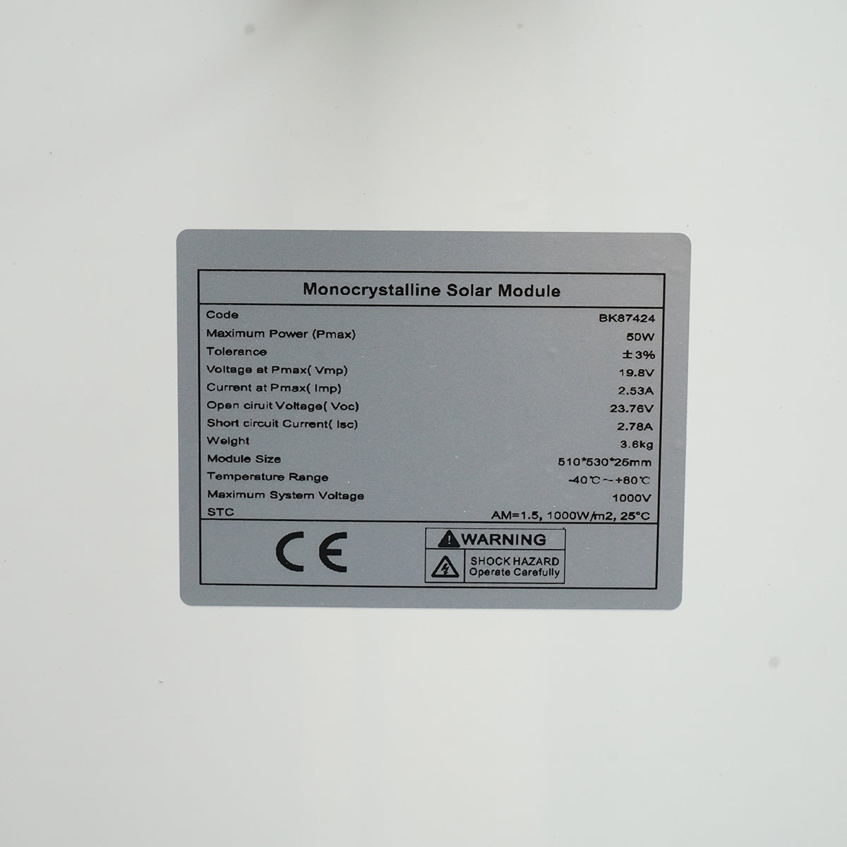 50W monocrystalline photovoltaic solar panel 19.8V and connection cable 530x510x25mm