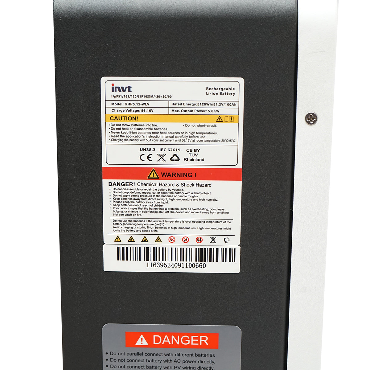 LiFePO4 lithium storage battery 51.2V / 5.12 KWh, 100Ah for solar systems, 520x470x141.5mm INVT