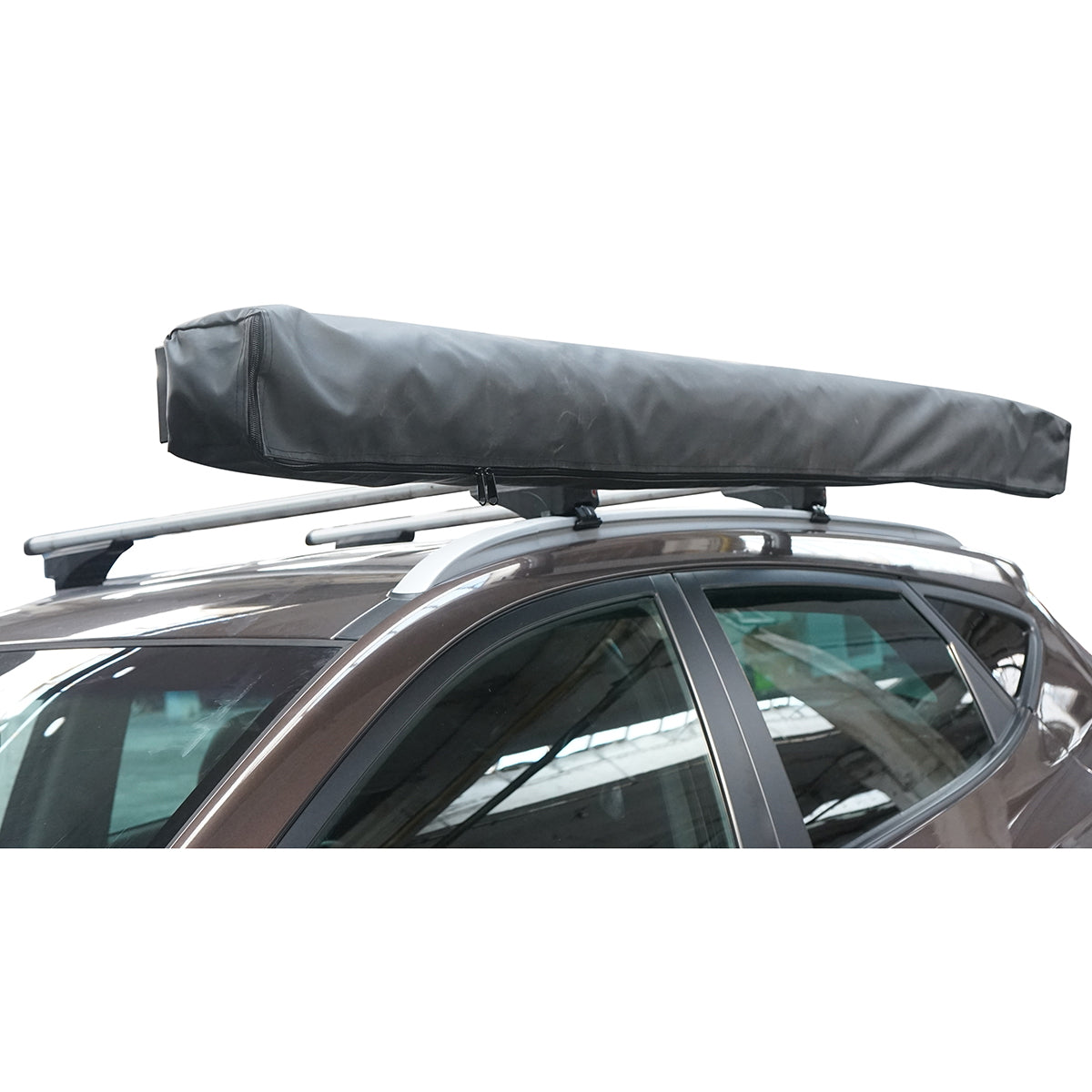 Car side awning, 270 degree retractable with ceiling attachment