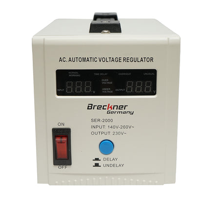 Automatic single-phase voltage stabilizer with relay 2000VA/140-260V, 2 Schuko sockets 230V, LCD display Breckner Germany