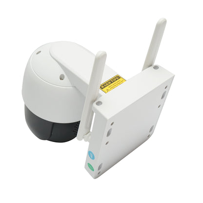 4 MP surveillance camera with 7.6W solar panel, 18650 battery, 4G SIM card, 360-degree rotating PTZ with motion sensor, 64 GB memory card, human detection PIR, and iCSee application.