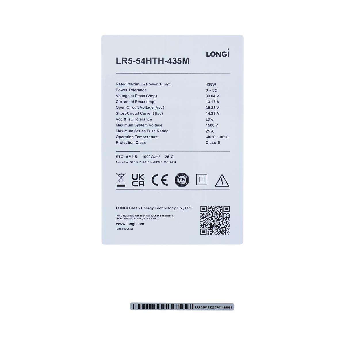 LONGI 435W photovoltaic solar panel, monocrystalline 1722x1134x30mm