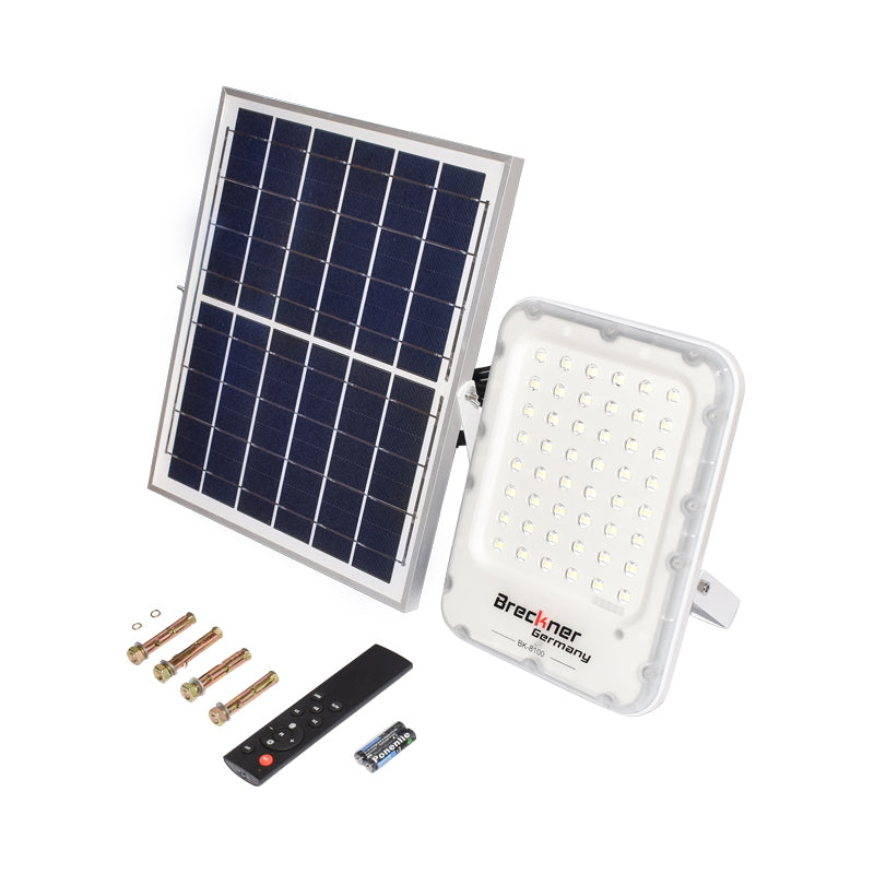 100W LED projector with 12W polycrystalline solar panel, LifePo4 battery 3.2V/12Ah, 6000K, 700lm with remote control IP66 Breckner Germany