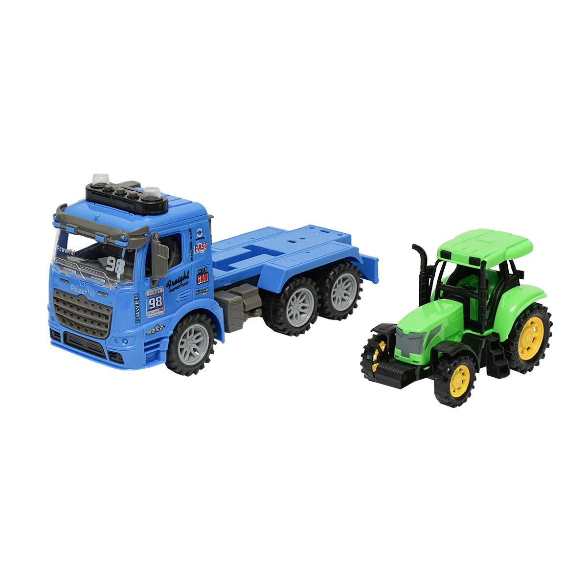 Blue trailer truck with authentic details on batteries together with a green toy tractor