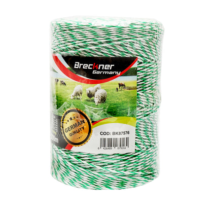 White-green wire roll 2.5mm with metal insert 4x0.2mm SS, resistance 7 Ohm/m, 500m electric fence Breckner Germany