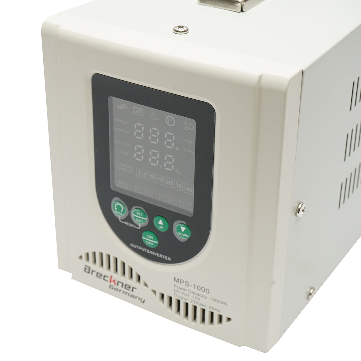 UPS with inverter for heating central 700W/1000VA, pure sine wave 12V/230V, 2 schuko sockets, LCD display, AVR Breckner Germany