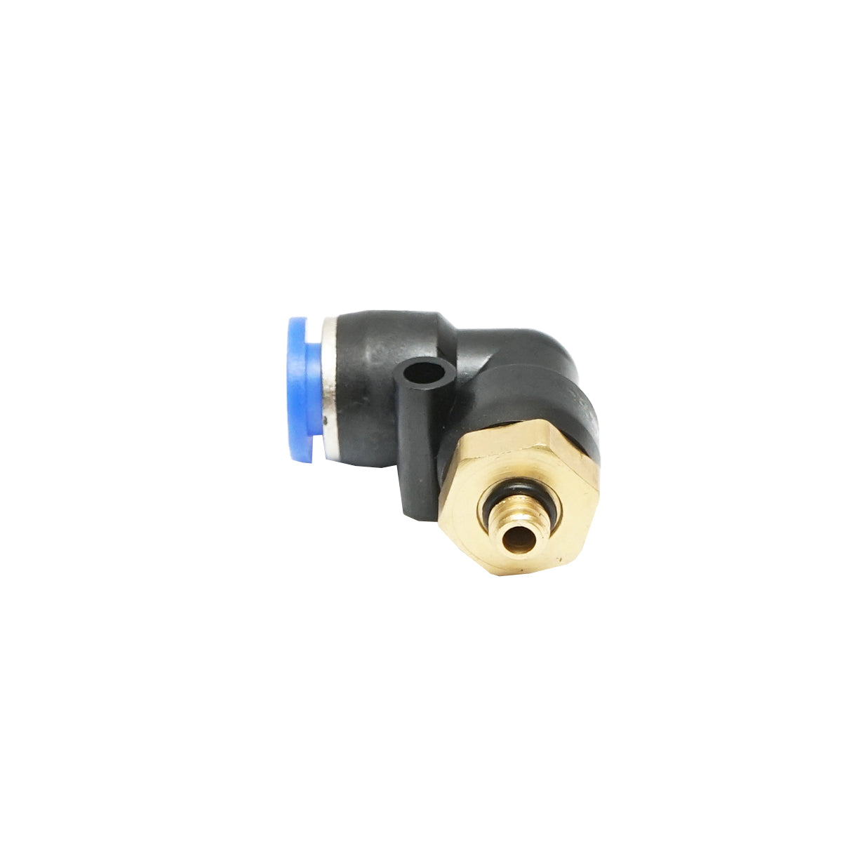 Quick reduction plastic elbow fitting for 8mm hose and M6 metal thread