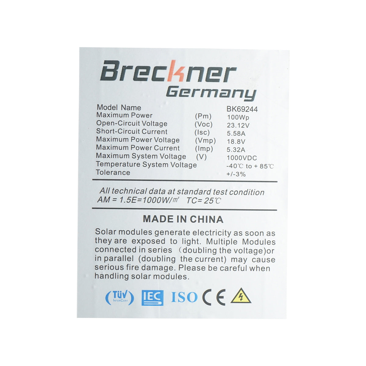 100W polycrystalline solar panel 1200x550x30mm Breckner Germany