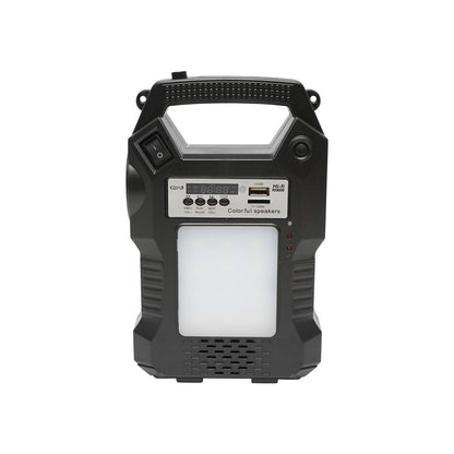 Portable LED lighting kit with 3 bulbs/projector, FM radio, solar panel remote control and 6V, 3 Ah battery for fishing camping GD-8060