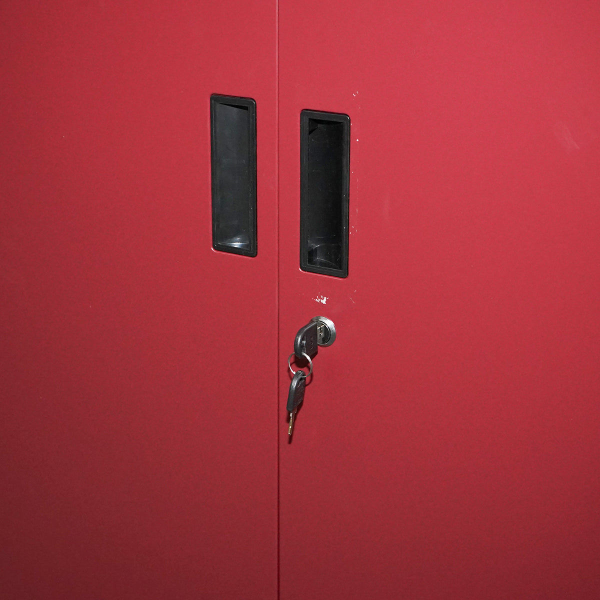Red metal cabinet with one shelf and 2 secured doors 750x750x350mm