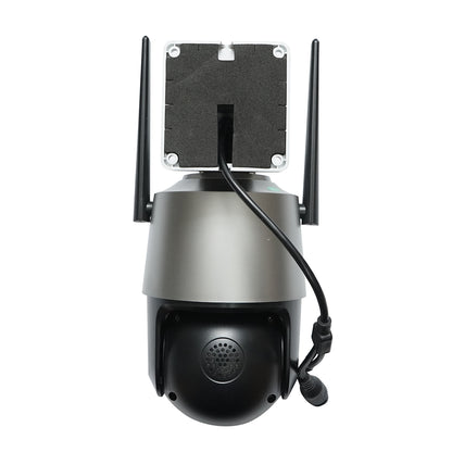 3-lens surveillance camera, 2 9 MP lenses, P2P WIFI 2.4GHz, PTZ with motion sensor, siren, human detection, and iCSee application.