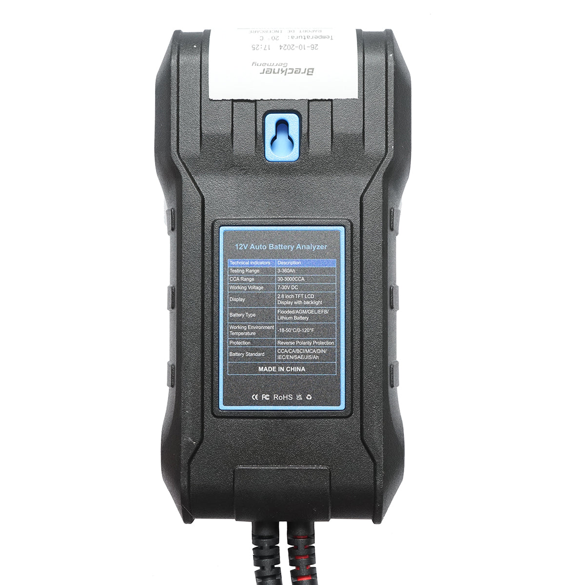 Digital battery tester with printer 12-24V, testing 3-360 Ah, reverse polarity protection, color LCD display