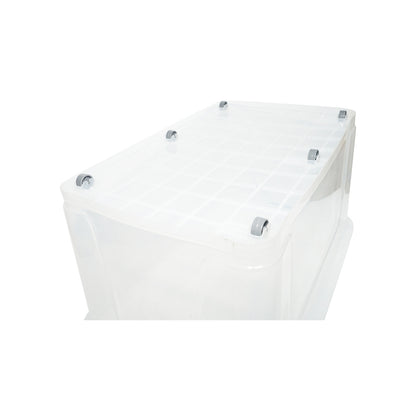 80L storage box with lid and wheels made of transparent plastic 725x470x360mm