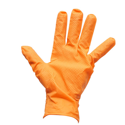 Unpowdered orange nitrile gloves with diamond grip texture, size L, 50 pieces/box
