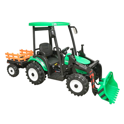 Electric trailer tractor for kids with a 12V/10Ah battery and remote control JS3158B green with a leather seat.