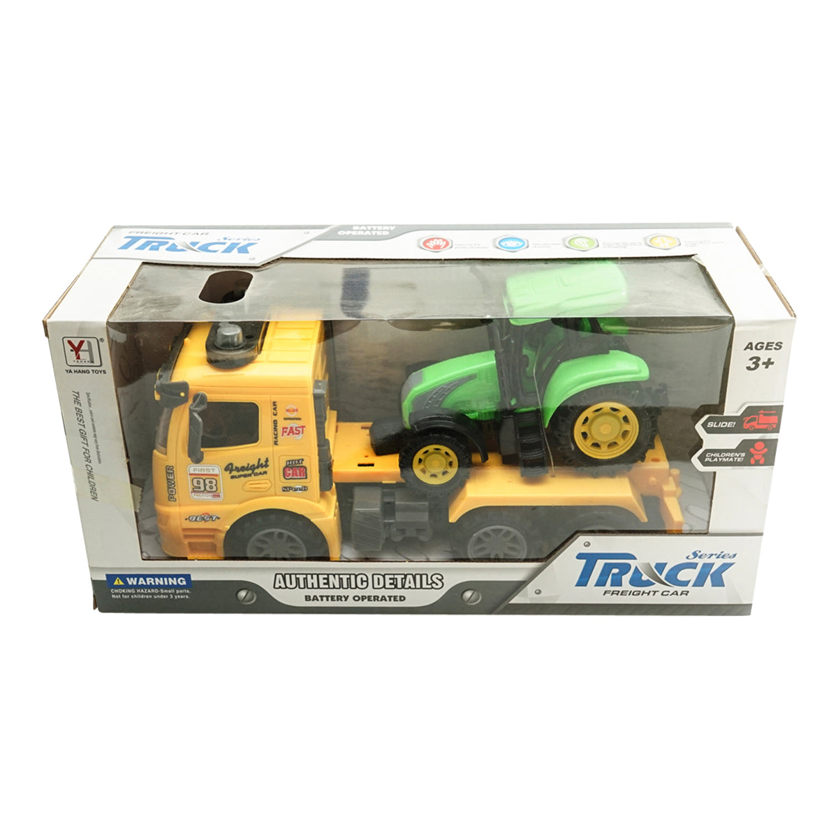 Yellow truck with authentic battery-powered trailer details together with a green toy tractor
