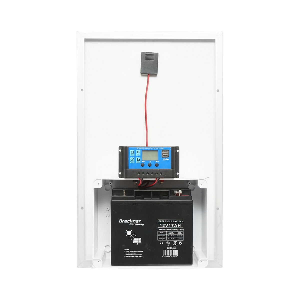 30W solar panel 560x350x135mm with 12V/17Ah battery, 12-24V/10Ah regulator and 2x USB port Breckner Germany