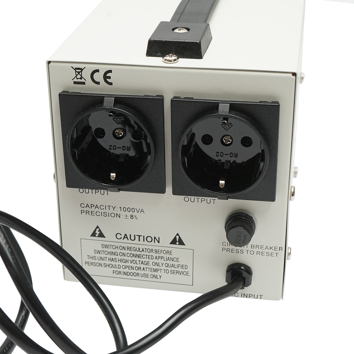 Automatic single-phase voltage stabilizer with relay 1000VA/140-260V, 2 Schuko sockets 230V, LCD display Breckner Germany