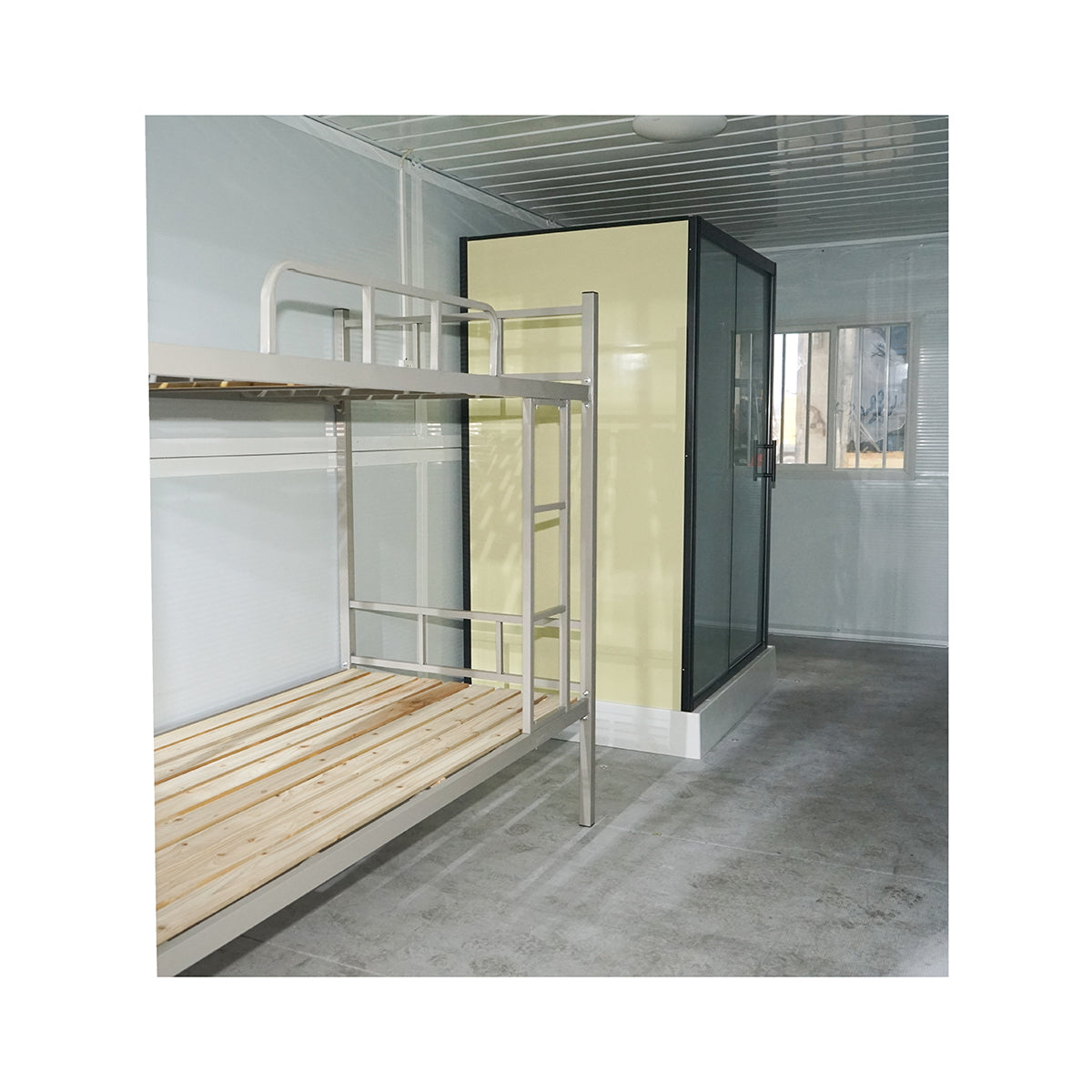 Foldable house type container 5800x2460x2510mm with door, 2 windows, shower cabin, toilet, and 2 bunk beds.