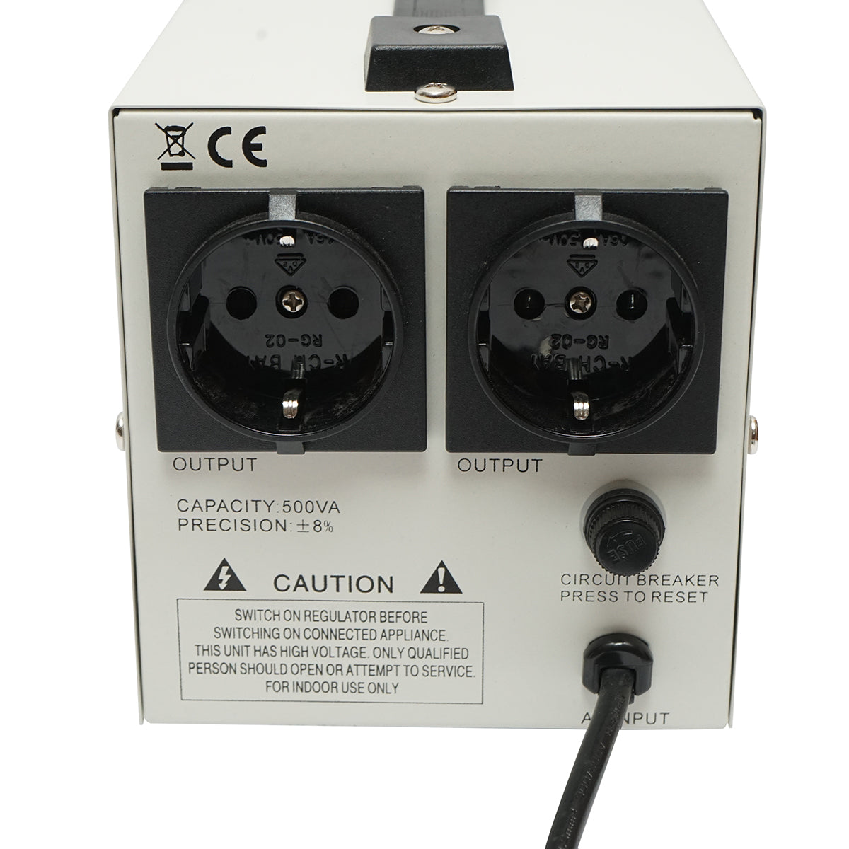 Automatic single-phase voltage stabilizer with relay 500VA/140-260V, 2 Schuko sockets 230V, LCD display Breckner Germany