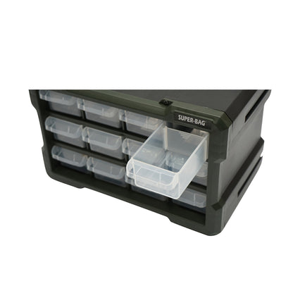 Green modular plastic storage box, 12 drawers 158x266x170mm Breckner Germany