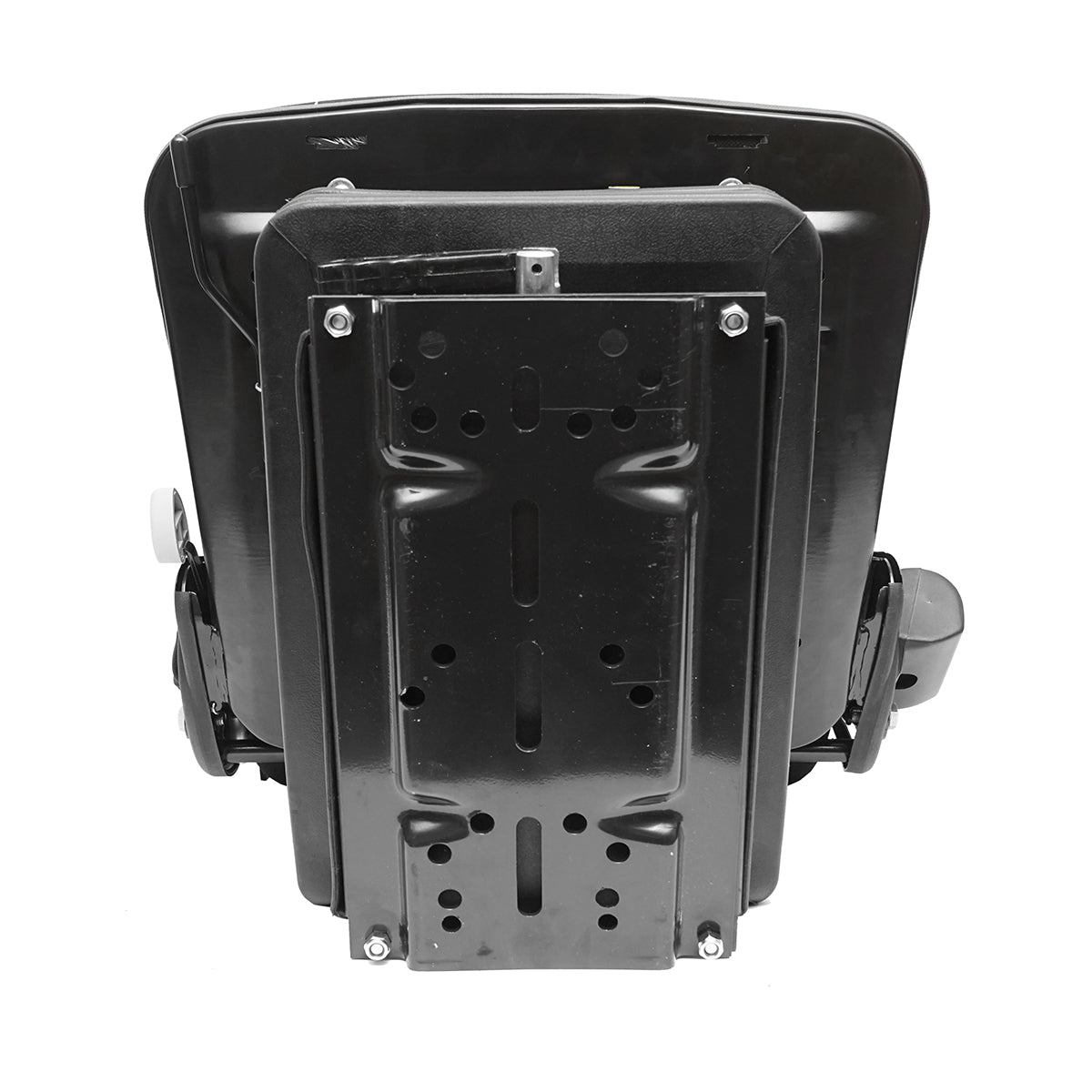 Black adjustable tractor seat with armrest, headrest, seatbelt, and mechanical suspension, seat width 455mm