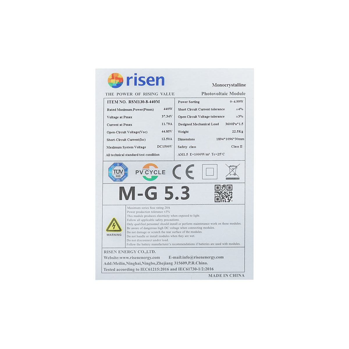 Risen 440W photovoltaic solar panel, monocrystalline 1894x1096x30mm
