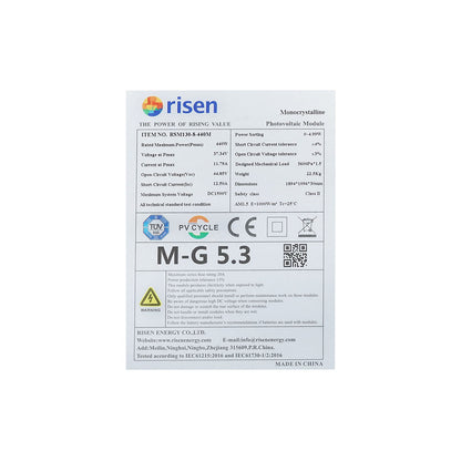 Risen 440W photovoltaic solar panel, monocrystalline 1894x1096x30mm