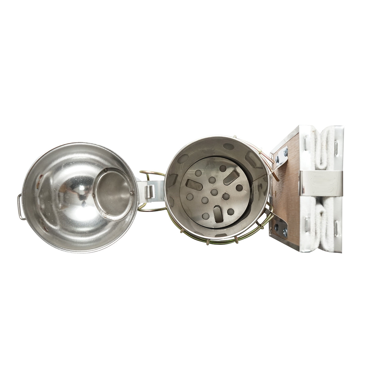 Smoker for bees made of stainless steel with a thermal shield cylinder and leather bellows 210mm