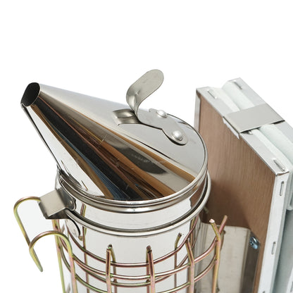 Stainless steel bee smoker with thermal shield cylinder and leather bellows 160mm