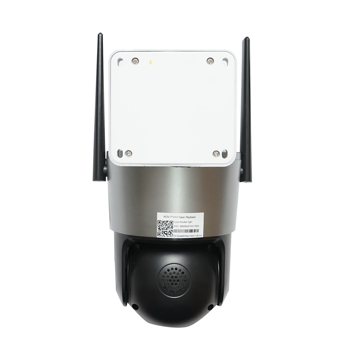 Dual lens 4 MP surveillance camera, 4G SIM card, 2.4 GHz WIFI with 7.6W solar panel, fast charging 18650 battery, 360-degree PTZ rotation with motion sensor, human detection PIR, alarm, night vision, and iCSee application.
