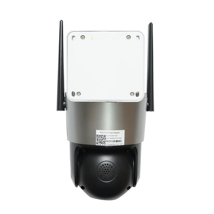 Dual lens 4 MP surveillance camera, 4G SIM card, 2.4 GHz WIFI with 7.6W solar panel, fast charging 18650 battery, 360-degree PTZ rotation with motion sensor, human detection PIR, alarm, night vision, and iCSee application.