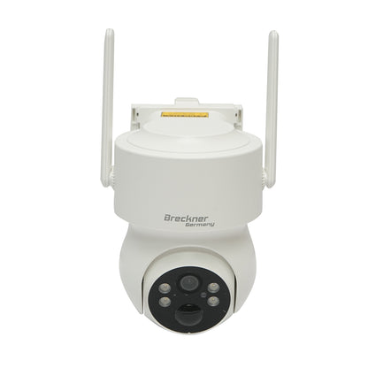 4 MP surveillance camera with 5W solar panel, fast charging 18650 battery, 2.4 GHz WIFI, 360-degree rotating PTZ with motion sensor, human detection PIR, alarm, night vision, and iCSee app.