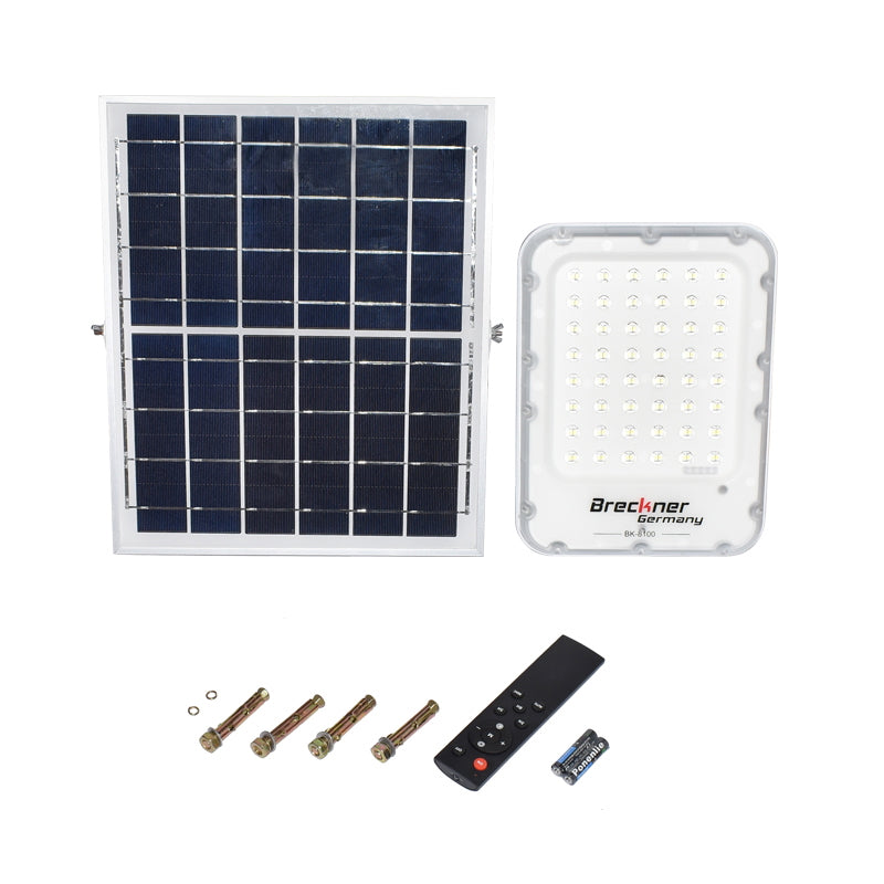100W LED projector with 12W polycrystalline solar panel, LifePo4 battery 3.2V/12Ah, 6000K, 700lm with remote control IP66 Breckner Germany