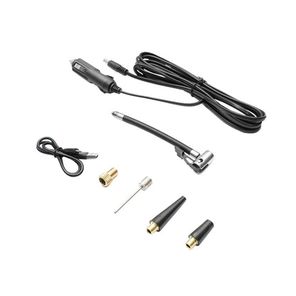 Dark gray portable air compressor 12.4V rechargeable battery 6000Am 250x56x47mm with accessories