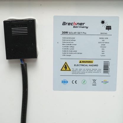 30W monocrystalline photovoltaic solar panel 550x330x18mm with 12-24V/10Ah regulator, 2x USB and 2m cable for battery Breckner Germany
