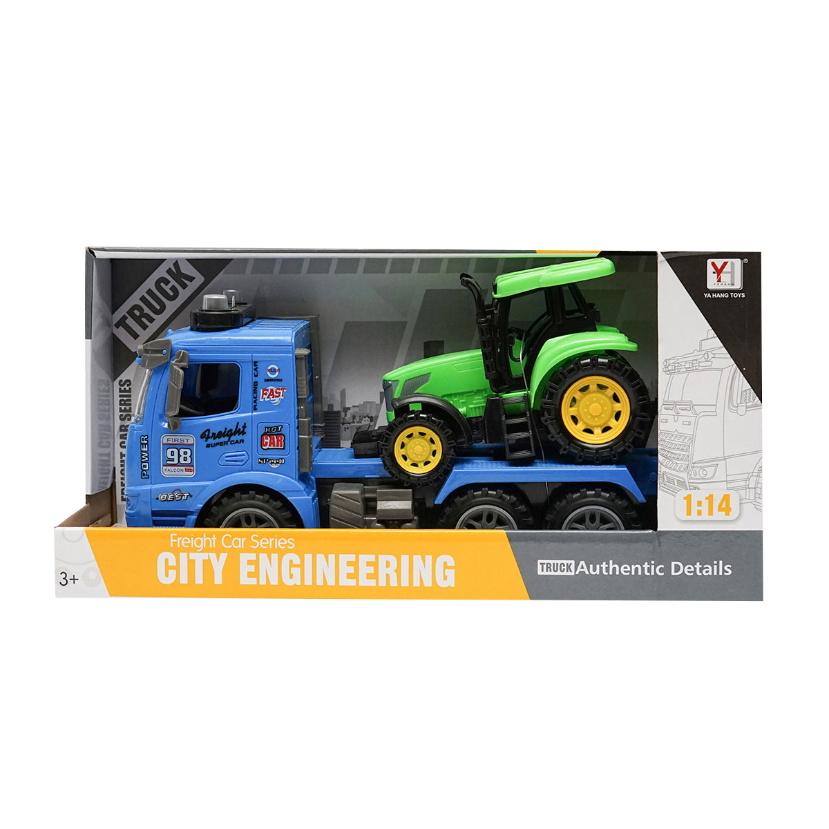 Blue trailer truck with authentic details on batteries together with a green toy tractor