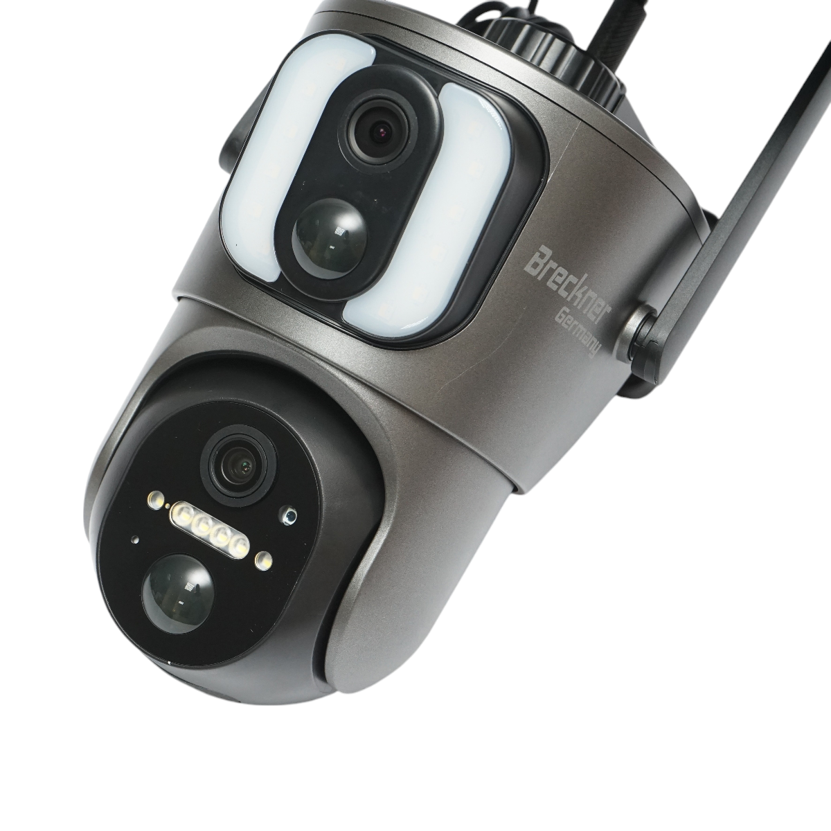 Surveillance camera with dual lens 6MP, 4G, WIFI 2.4 GHz with solar panel, 13500 mAh battery, PTZ control, motion sensor, human detection PIR, smart IR night vision, and Ubox application.
