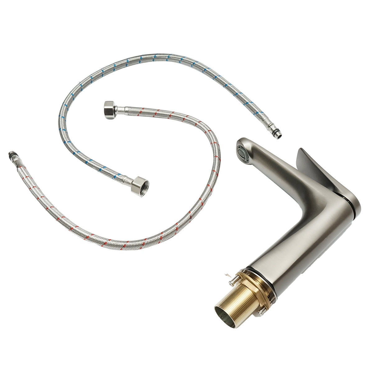 Bathroom sink faucet, mounted on sink or countertop, matte graphite finish.