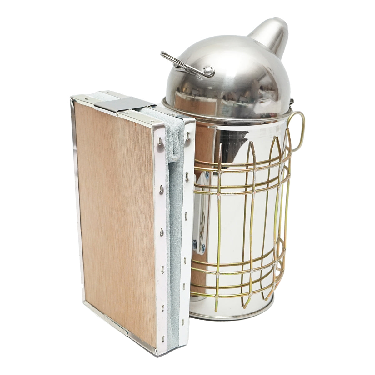Smoker for bees made of stainless steel with a thermal shield cylinder and leather bellows 160mm