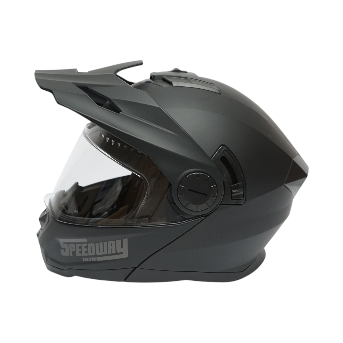 Matte black full-face motocross helmet with a clear visor and sunglasses, size XL Lion
