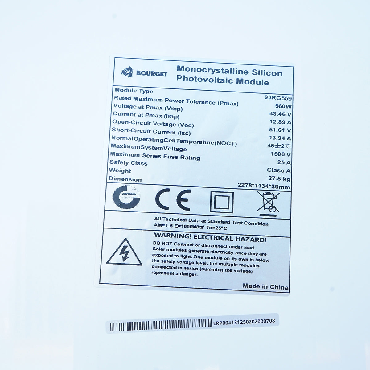 560W Monocrystalline Photovoltaic Solar Panel Bourget XL 2278x1134x30mm