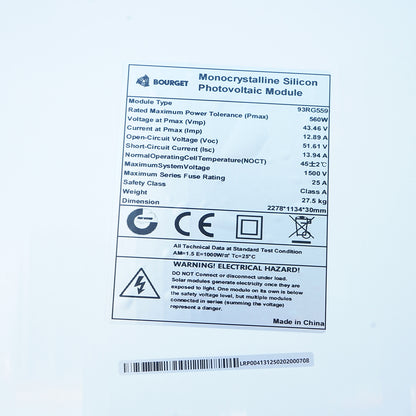 560W Monocrystalline Photovoltaic Solar Panel Bourget XL 2278x1134x30mm