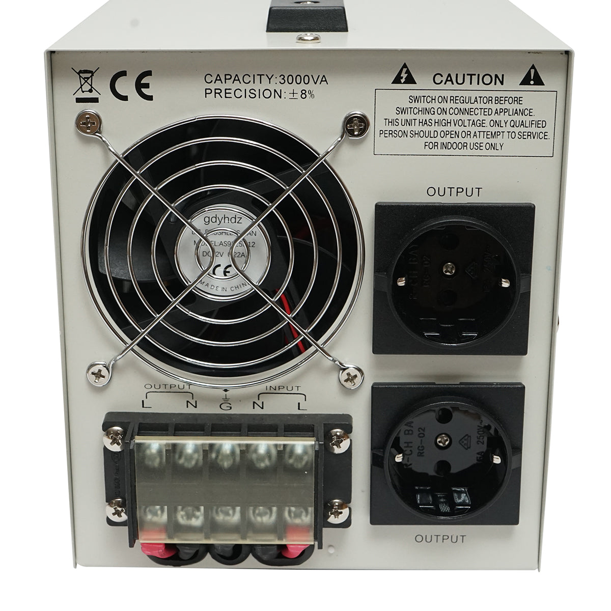 Single-phase automatic voltage stabilizer with relay 3000VA/140-260V, 2 Schuko sockets 230V, LCD display Breckner Germany