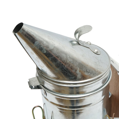 Bee smoker made of galvanized steel with a thermal shield cylinder and leather bellows 230mm