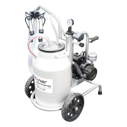 Cow milking machine with a 160cc collector group, galvanized chassis, 30L aluminum tank, 1 post, Breckner Germany stainless steel cup
