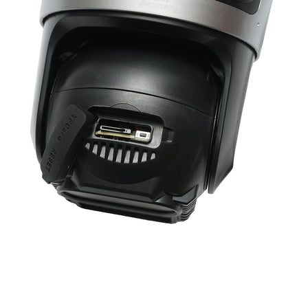Surveillance camera with 3 lenses, 3 objectives 8 MP, 2 dual control CPUs, P2P WIFI 2.4G, PTZ with motion sensor, alarm, night vision, AI human detection, and iCSee application.