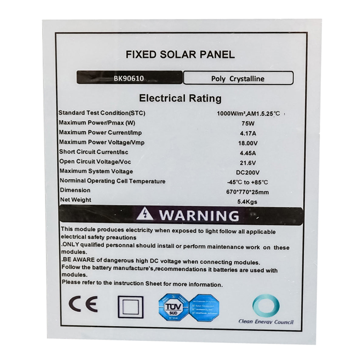 75W polycrystalline solar panel with 900mm cable 670x770x25mm Breckner Germany
