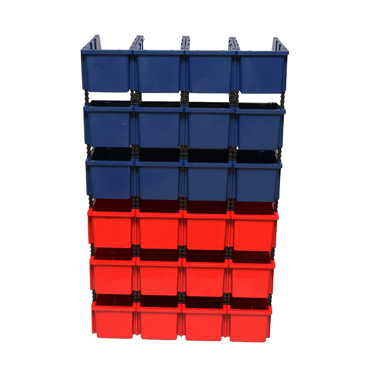 Stand with 24 boxes for storage/organization, red plastic box, blue, 700x400x1150mm